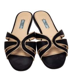 Pre Owned Prada Black Laser Cut Satin Flat Slides Size 39.5