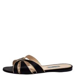 Pre Owned Prada Black Laser Cut Satin Flat Slides Size 39.5