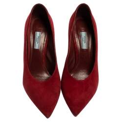Pre Owned Prada Red Suede Slanted Block Heel Pumps Size 40