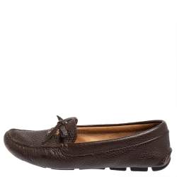 Pre Owned Prada Brown Textured Leather Bow Loafers Size 37.5
