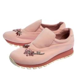 Pre Owned Prada Pink Nylon Crystal Embellished Slip On Sneakers Size 40