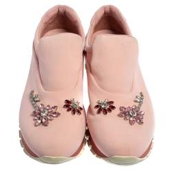 Pre Owned Prada Pink Nylon Crystal Embellished Slip On Sneakers Size 40