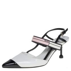 Pre Owned Prada White/Black Leather Cap Toe Slingback Sandals Size 36