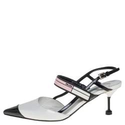 Pre Owned Prada White/Black Leather Cap Toe Slingback Sandals Size 36