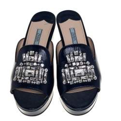 مملوكة مسبقًا Prada Blue Patent Leather Crystal Embellished Wedges Size 40