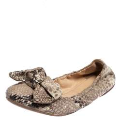 Pre Owned Prada Python Embossed Leather Scrunch Bow Ballet Flats Size 37.5