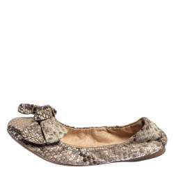 Pre Owned Prada Python Embossed Leather Scrunch Bow Ballet Flats Size 37.5