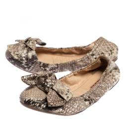 Pre Owned Prada Python Embossed Leather Scrunch Bow Ballet Flats Size 37.5
