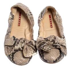 Pre Owned Prada Python Embossed Leather Scrunch Bow Ballet Flats Size 37.5