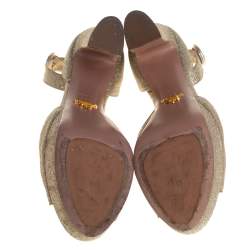 Pre Owned Prada Gold Glitter Ankle Strap Block Heel Platform Sandals Size 38.5