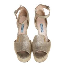 Pre Owned Prada Gold Glitter Ankle Strap Block Heel Platform Sandals Size 38.5