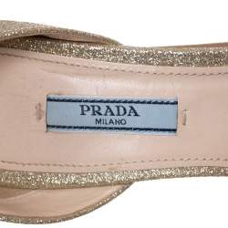 Pre Owned Prada Gold Glitter Ankle Strap Block Heel Platform Sandals Size 38.5