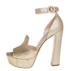 Pre Owned Prada Gold Glitter Ankle Strap Block Heel Platform Sandals Size 38.5