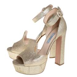 Pre Owned Prada Gold Glitter Ankle Strap Block Heel Platform Sandals Size 38.5