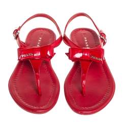 Pre Owned Prada Red Patent Leather Bow Sandals Size 36.5