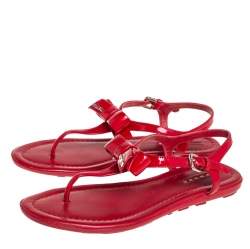 Pre Owned Prada Red Patent Leather Bow Sandals Size 36.5