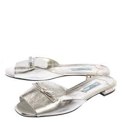 Pre Owned Prada Silver Leather Bow Flat Sandals Size 39