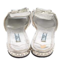 Pre Owned Prada Silver Leather Bow Flat Sandals Size 39