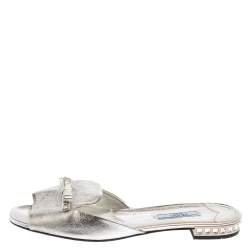 Pre Owned Prada Silver Leather Bow Flat Sandals Size 39