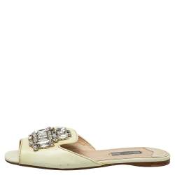 Prada Cream Patent Saffiano Leather Crystal Embellished Flat Sandals Size 38 
