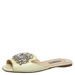 Prada Cream Patent Saffiano Leather Crystal Embellished Flat Sandals Size 38 