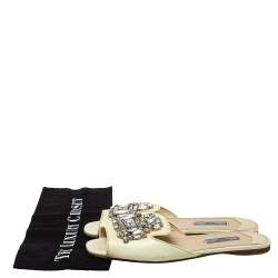 Prada Cream Patent Saffiano Leather Crystal Embellished Flat Sandals Size 38 