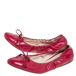 Prada Pink Patent Leather Tassel Bow Scrunch Ballet Flats Size 35