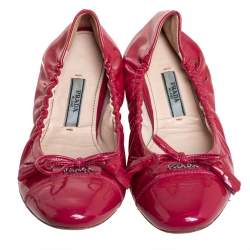 Prada Pink Patent Leather Tassel Bow Scrunch Ballet Flats Size 35