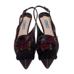Pre Owned Prada Multicolor Canvas and Leather Fringe and Lace Detail Slingback Sandals Size 40.5
