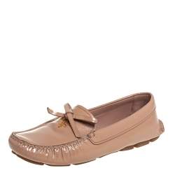 Pre Owned Prada Beige Patent Saffiano Leather Bow Slip On Loafers Size 38.5