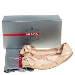 Pre Owned Prada Beige Patent Leather Bow Logo Scrunch Ballet Flats Size 39