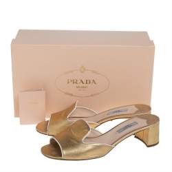 Pre Owned Prada Gold Saffiano Leather Block Heel Slide Sandals Size 38.5