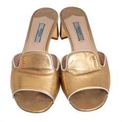 Pre Owned Prada Gold Saffiano Leather Block Heel Slide Sandals Size 38.5