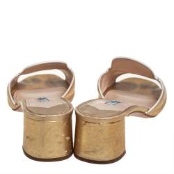 Pre Owned Prada Gold Saffiano Leather Block Heel Slide Sandals Size 38.5