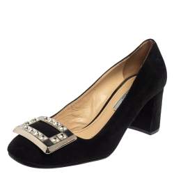 Pre Owned Prada Black Suede Block Heel Pumps Size 37.5