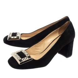 Pre Owned Prada Black Suede Block Heel Pumps Size 37.5