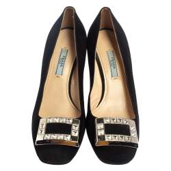 Pre Owned Prada Black Suede Block Heel Pumps Size 37.5