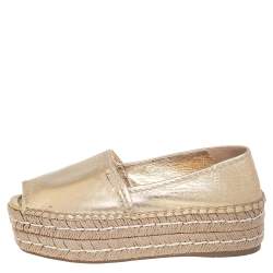 Pre Owned Prada Metallic Gold Leather Peep Toe Platform Espadrilles Size 36