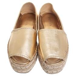 Pre Owned Prada Metallic Gold Leather Peep Toe Platform Espadrilles Size 36