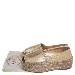 Pre Owned Prada Metallic Gold Leather Peep Toe Platform Espadrilles Size 36