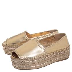 Pre Owned Prada Metallic Gold Leather Peep Toe Platform Espadrilles Size 36