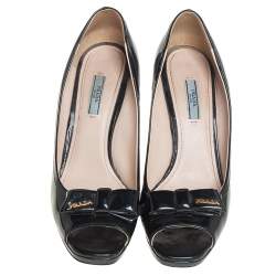 Pre Owned Prada Black Patent Leather Bow Peep Toe Wedge Pumps Size 41