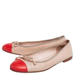 Pre Owned Prada Beige/Orange Leather Cap Toe Bow Ballet Flats Size 39.5