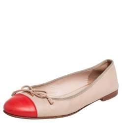 Pre Owned Prada Beige/Orange Leather Cap Toe Bow Ballet Flats Size 39.5