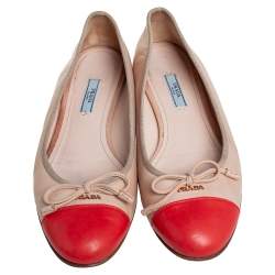 Pre Owned Prada Beige/Orange Leather Cap Toe Bow Ballet Flats Size 39.5