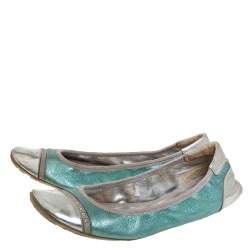 Pre Owned Prada Metallic Silver/Blue Patent And Leather Scrunch Ballet Flats Size 36.5