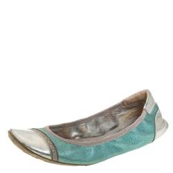 Pre Owned Prada Metallic Silver/Blue Patent And Leather Scrunch Ballet Flats Size 36.5