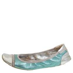 Pre Owned Prada Metallic Silver/Blue Patent And Leather Scrunch Ballet Flats Size 36.5