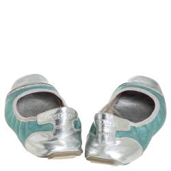 Pre Owned Prada Metallic Silver/Blue Patent And Leather Scrunch Ballet Flats Size 36.5