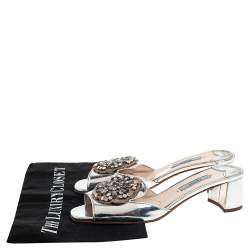 Pre Owned Prada Silver Patent Leather Embellished Block Heel Slide Sandals Size 36